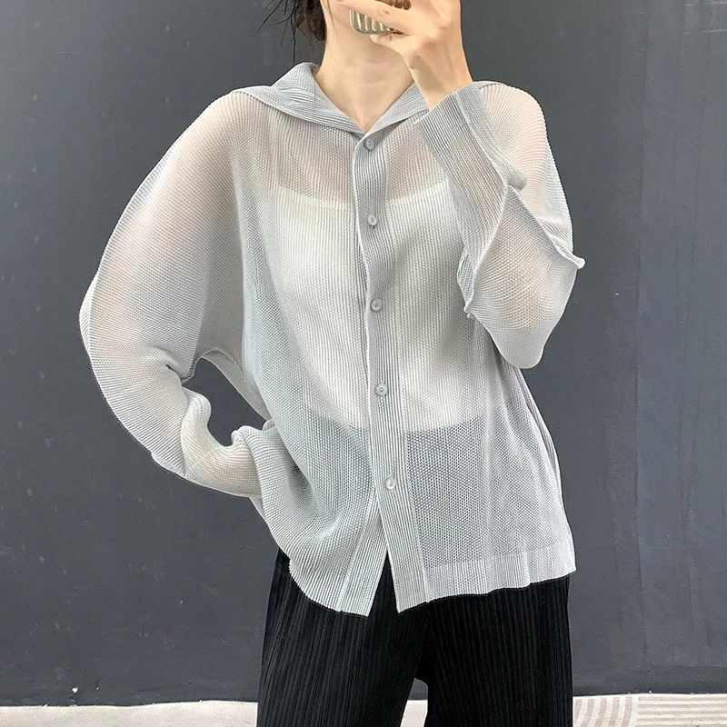 Miyake Gray Women Lapel Collar Mesh Pleated Cardigan Batwing Sleeve Button Front Sheer Loose Outer Top No Camisole