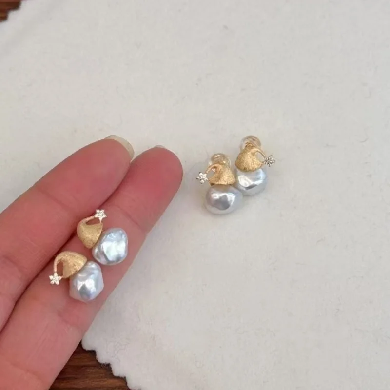 

SGARIT Natural Keshi Baroque Pearl Stud Earrings Irregular 8mm 925 Sterling Silver Santa Hat Design Jewelry for Women