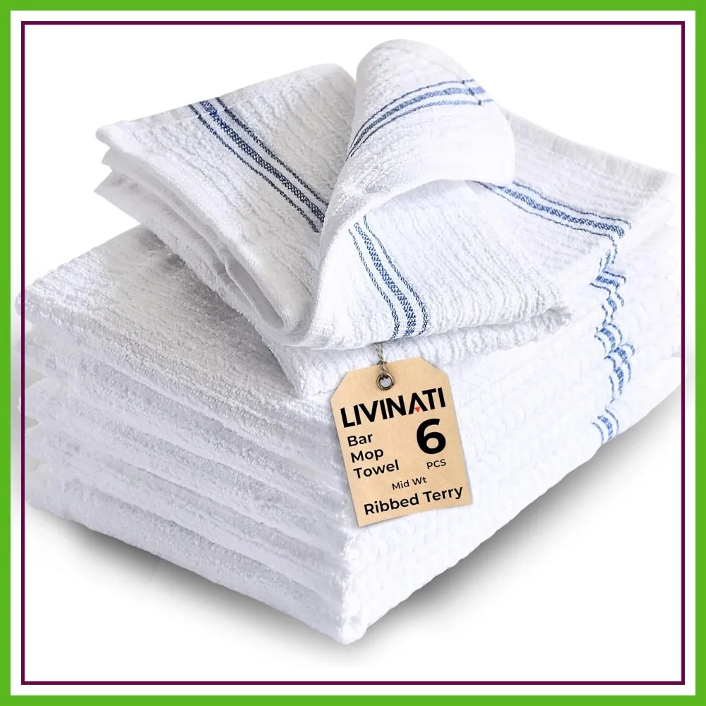 

Cotton Bar Towels for Kitchen - 16x19 Inch, 6 Pack Blue Striped, Commercial Grade Utility Terry Cloths