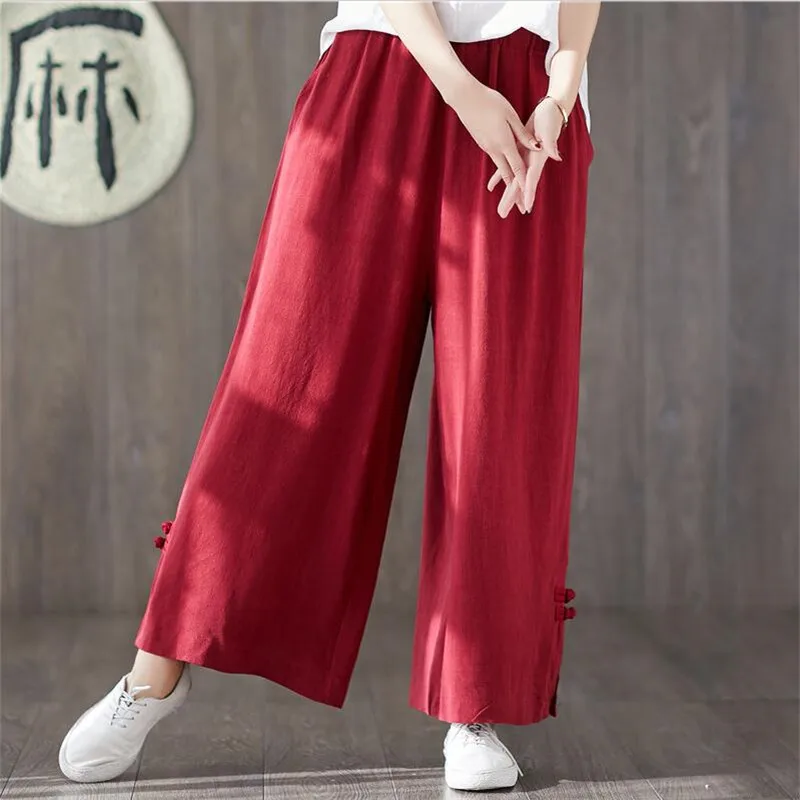 Pantalones de lino y algodón para mujer, pantalón holgado de pierna ancha, color rojo liso, talla grande, verano y otoño, 2024