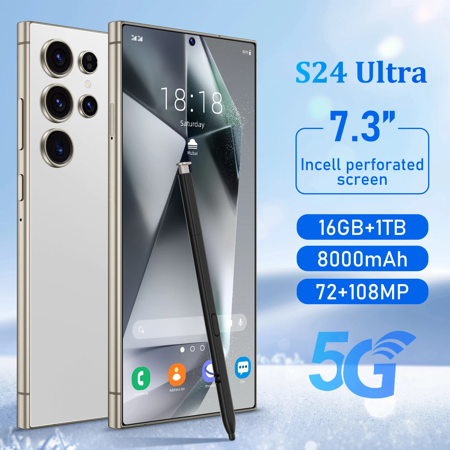 Global Version S24 Ultra 5G Android Smartphone 7.3 Inch HD Screen 72MP+108MP Camera Snapdragon 8 Gen 3 8000mAh Dual SIM Phone