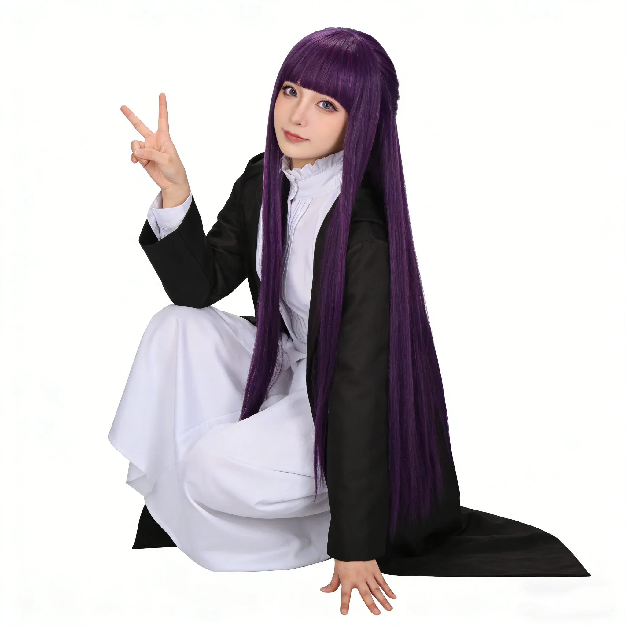 2026 Frieren Fern Cosplay Costume Purple Wig White Long Dress Black Coat Jacket Full Set Uniform Halloween Comic Con Outfits view 4