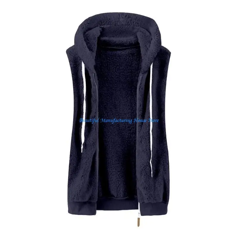 E56A Women's Plush Vest Casual Oversized Zipper Sherpa Hooded Sleeveless Winter Warm Coat