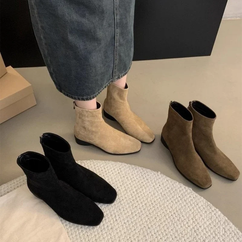 Vintage High-End Feel Short Boots Winter New Style Everyday Versatile Chunky Heel Slim Boots French Suede Ankle Boots