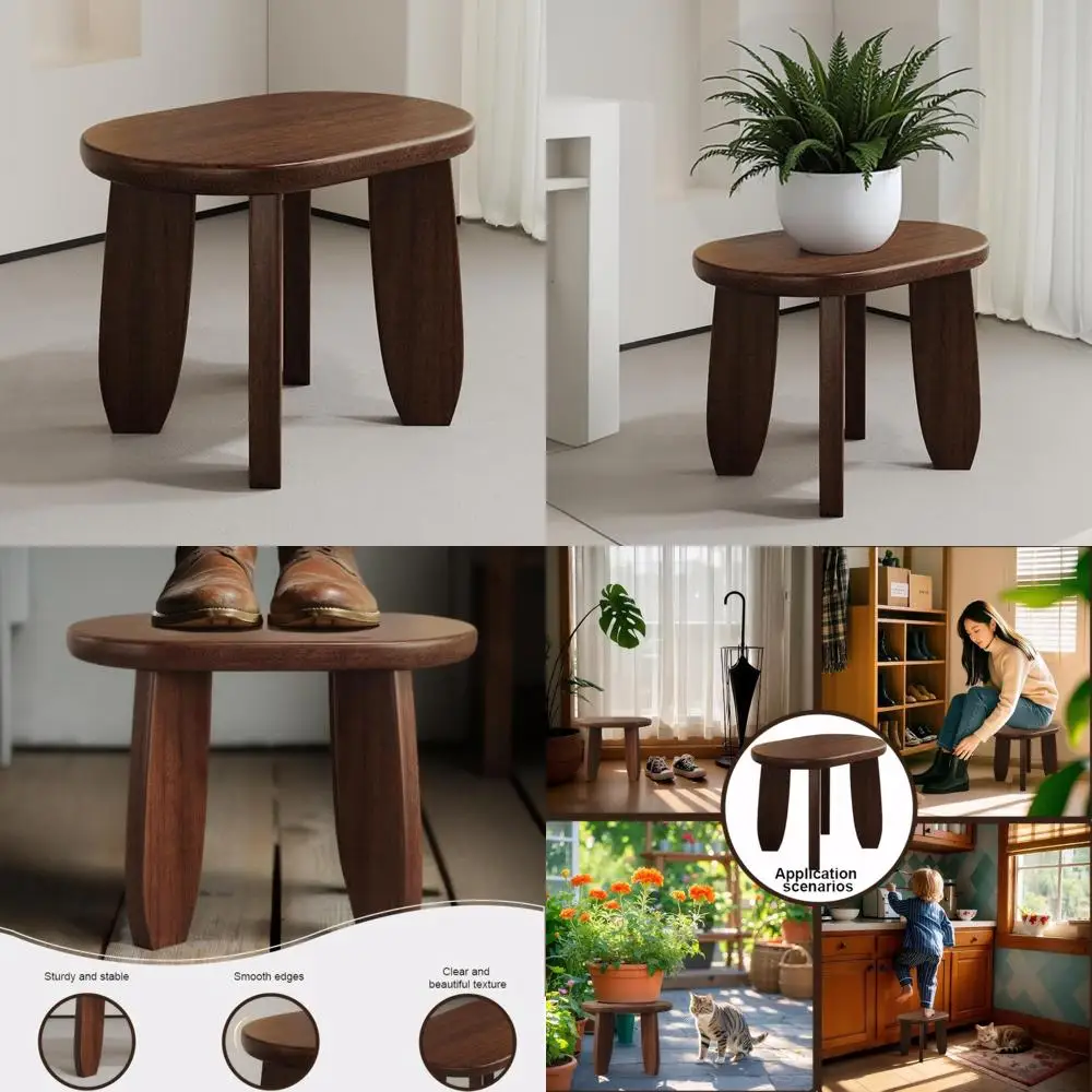 

walnut finish solid wood stool 9.8'' high non-slip outdoor garden plant stool clover oval pedestal for living room balcony kitch