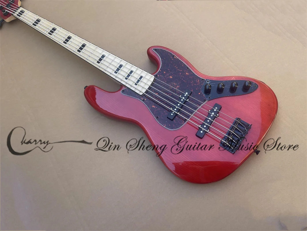 

5 Strings Red Bass Guitar Jaz Body ASH Wood Body Maple Fingerboard Active Battery Red Tortoise Shell Guard Factory Custom