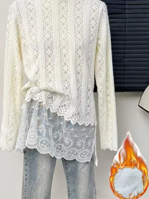 

Korean Sle Lace Splice f High Collar Women's Autumn Winter New Loose Slimming Fce Lined Mid-Length Base irt