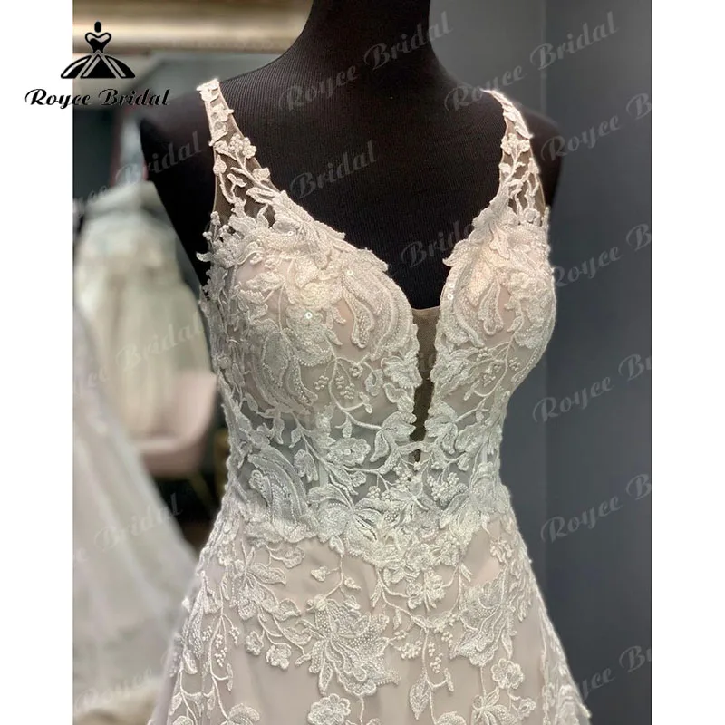 Vestidos profundo decote em v rendas apliques sem costas vestido de casamento blush rosa trem varredura tule vestidos de casamento trouwjurk longo nupcial 2023