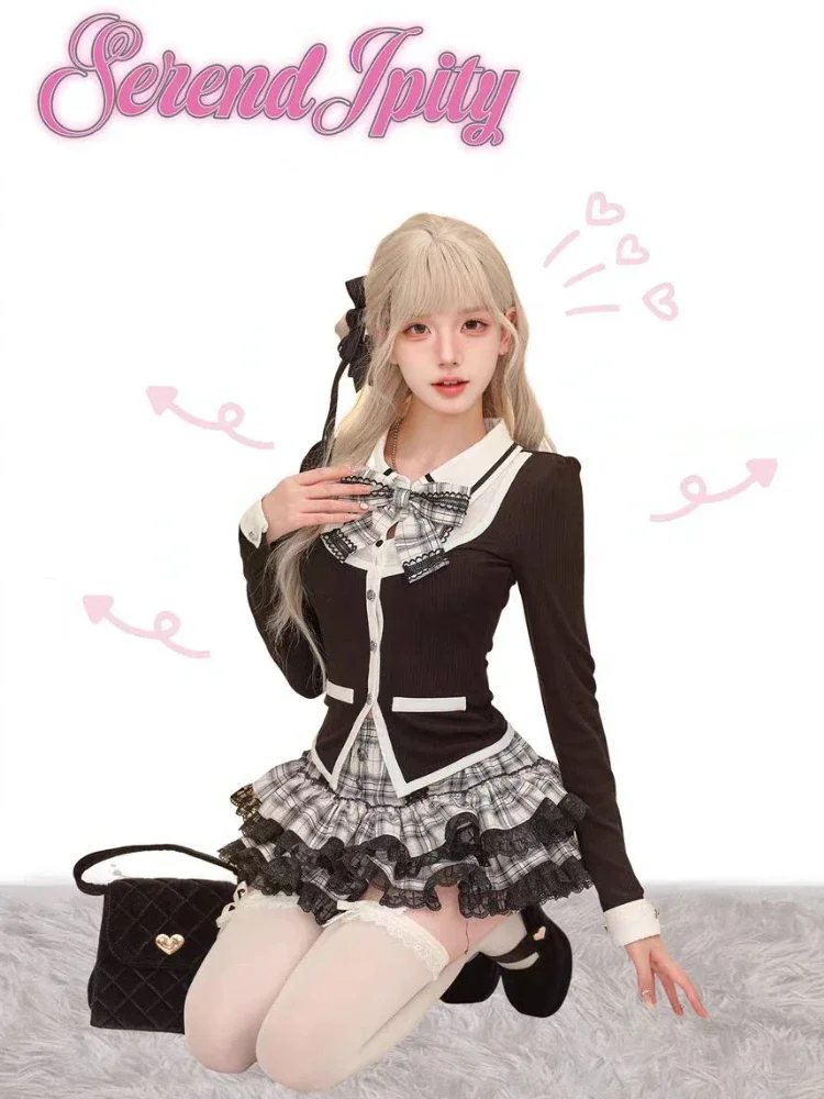 Gothic Y2k Women 2 Piece Sets Sweet Bow Long Sleeves Cardigan Coat Ruffles Plaid Mini Skirt Female Korean Fashion Lolita Outfits