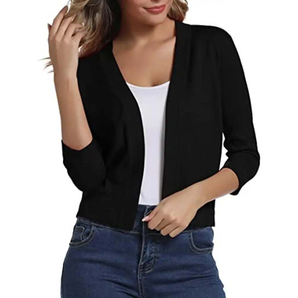 Chaqueta de punto sin cuello para mujer, cárdigan elegante con mangas 3/4, Color sólido, costura abierta, Chaqueta corta versátil