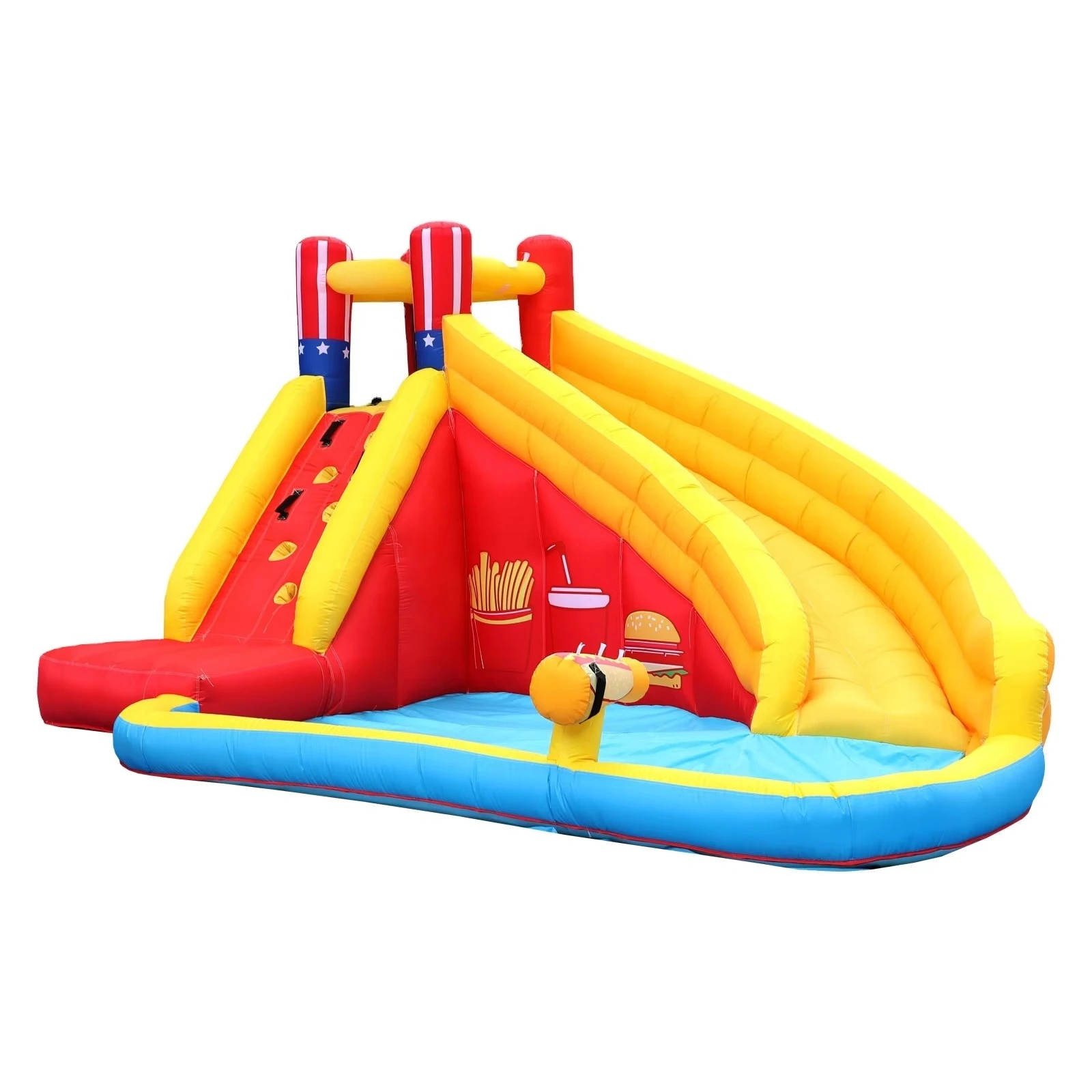 Giant burger and fries inflatable children's bouncy castle with water skiing