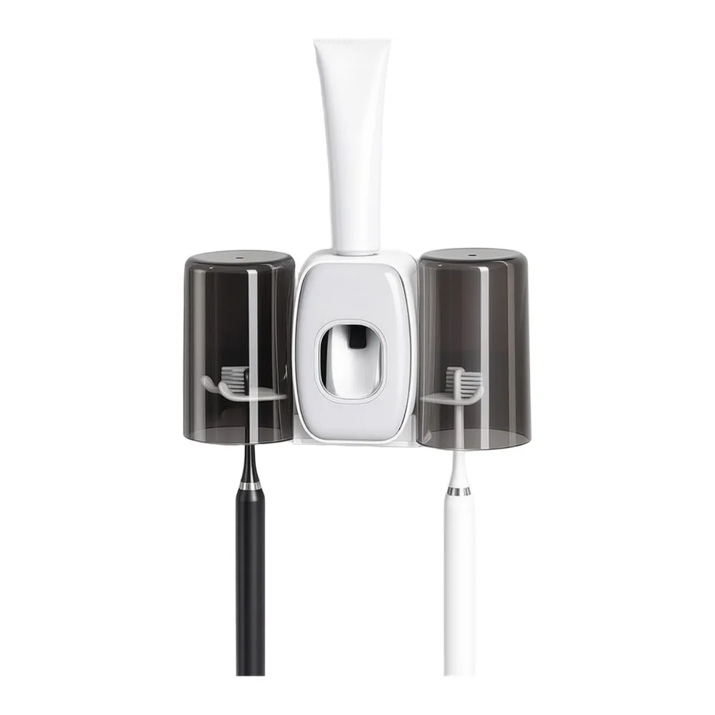 Toothbrush Holder with Integrated Toothpaste Dispenser Suction Cup Mount Dust-Proof Magnetic Lid for 4 Brushes