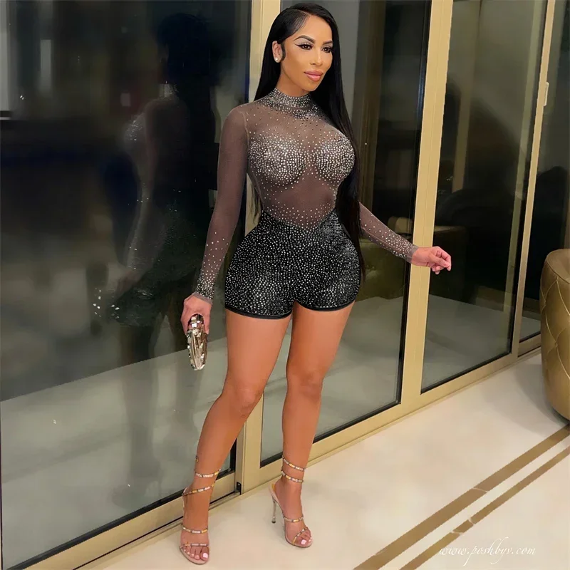 

Sparkly Rhinestones Mesh Rompers Womens Jumpsuit Shorts Sexy Night Club Outfits See Through Mesh Patchwork Long Sleeve Playsuit