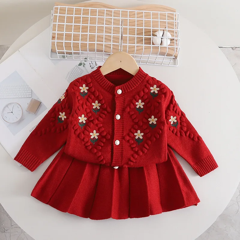 Diamond check Whole flower embroidery Girls\' knitted two-piece set  girls sweater  winter clothes for girls  knit sweater