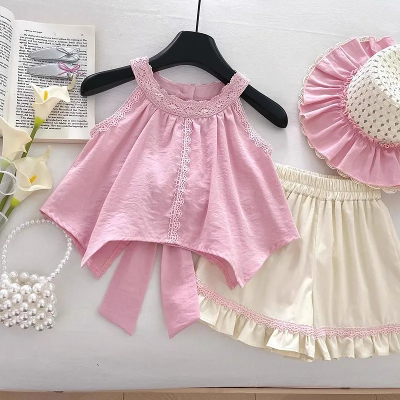 

Summer new style Korean sweet lace camisole and shorts set for girls, two-piece outfit for baby girls