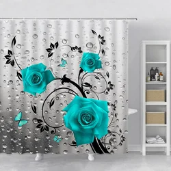 Flower Shower Curtain Set Orchid Teal Rose Plant Floral Leaves Print Bathroom Decor Fabric Bath Curtain Bathtub Accessories Hook