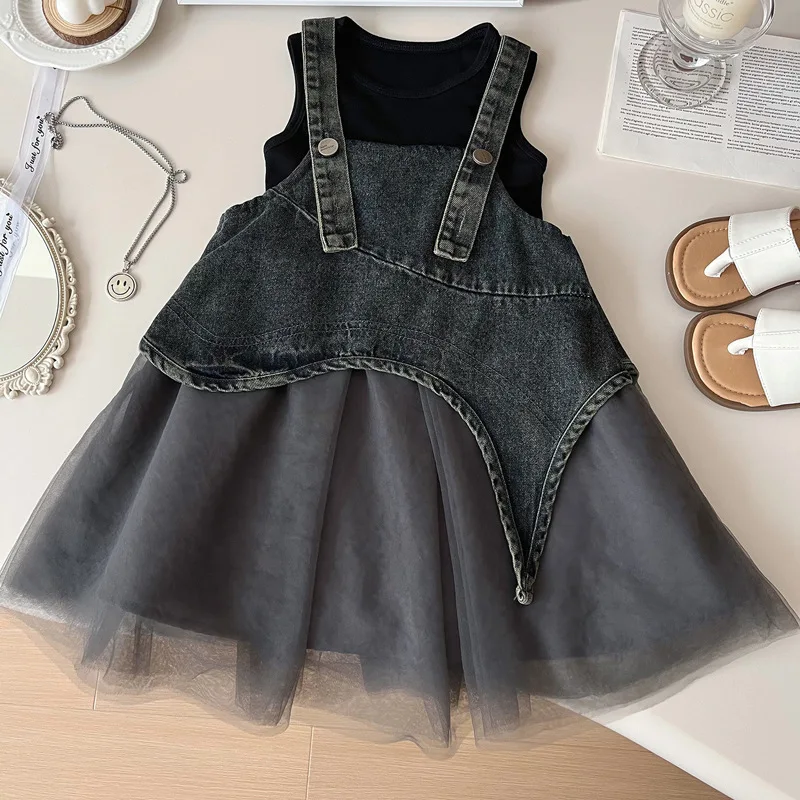 

Girls' dress set for summer, stylish girl's mesh patchwork princess dress, baby girl's denim suspender dress two-piece set