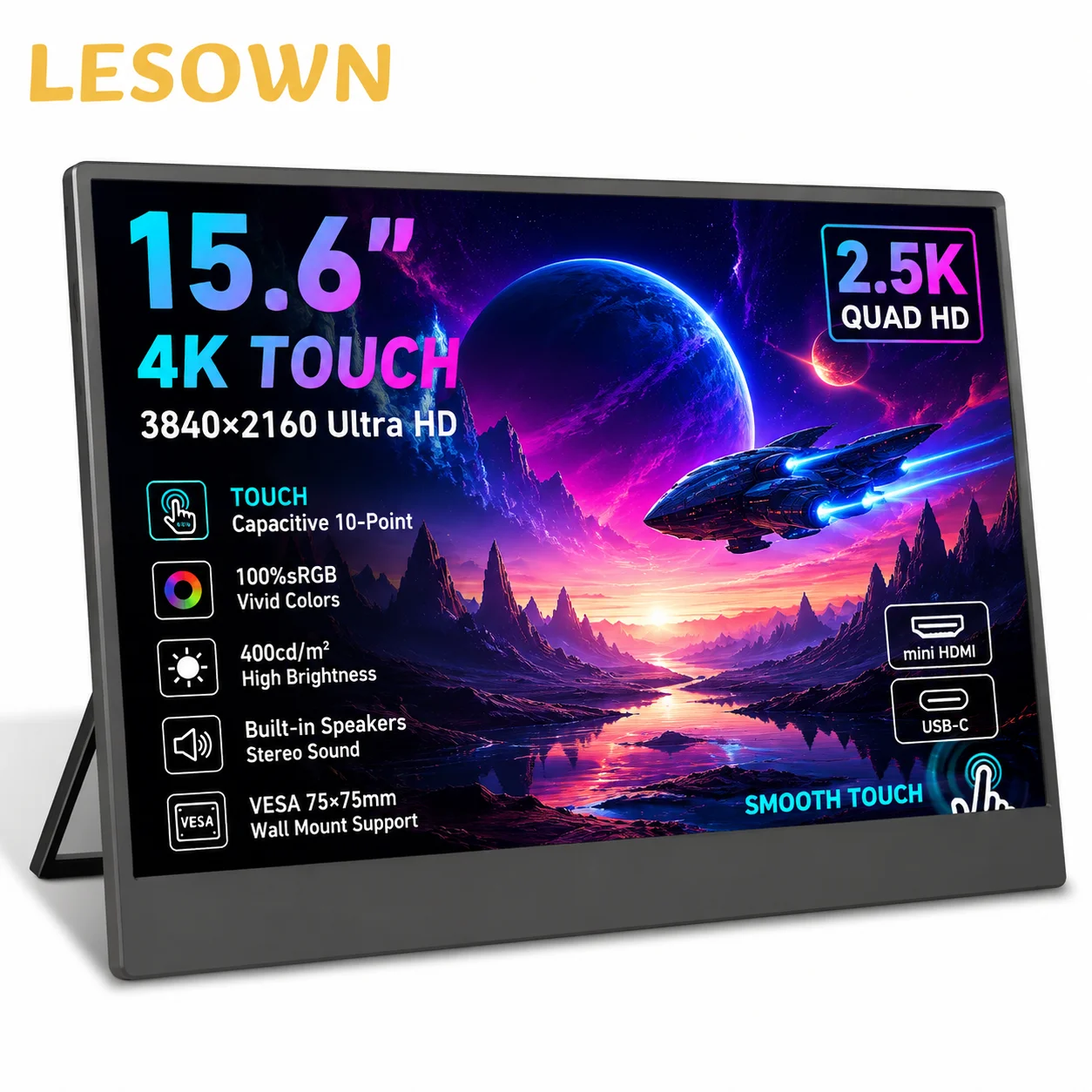 

LESOWN 15.6 Inch 4K Touchscreen Portable Monitor UHD LCD External Display Driver-free Slim Screen for Laptop