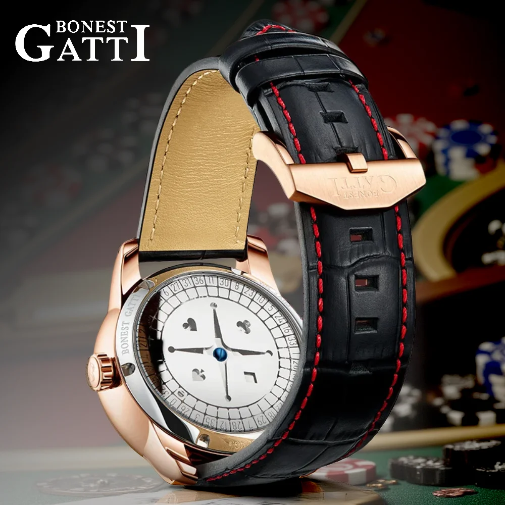 BONEST GATTI Watches European Button Roulette Fun Game Sapphire Mechanical Watch German Design Diamond Dial Leather Men's Watch