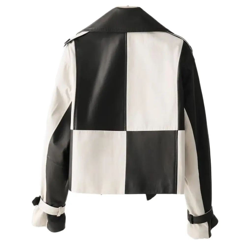 Pu Outerwear Black White Check Splice Leather Jacket Women\'S Coat Tops 2024 New Spring Autumn Korean Casual Pu Coats Street