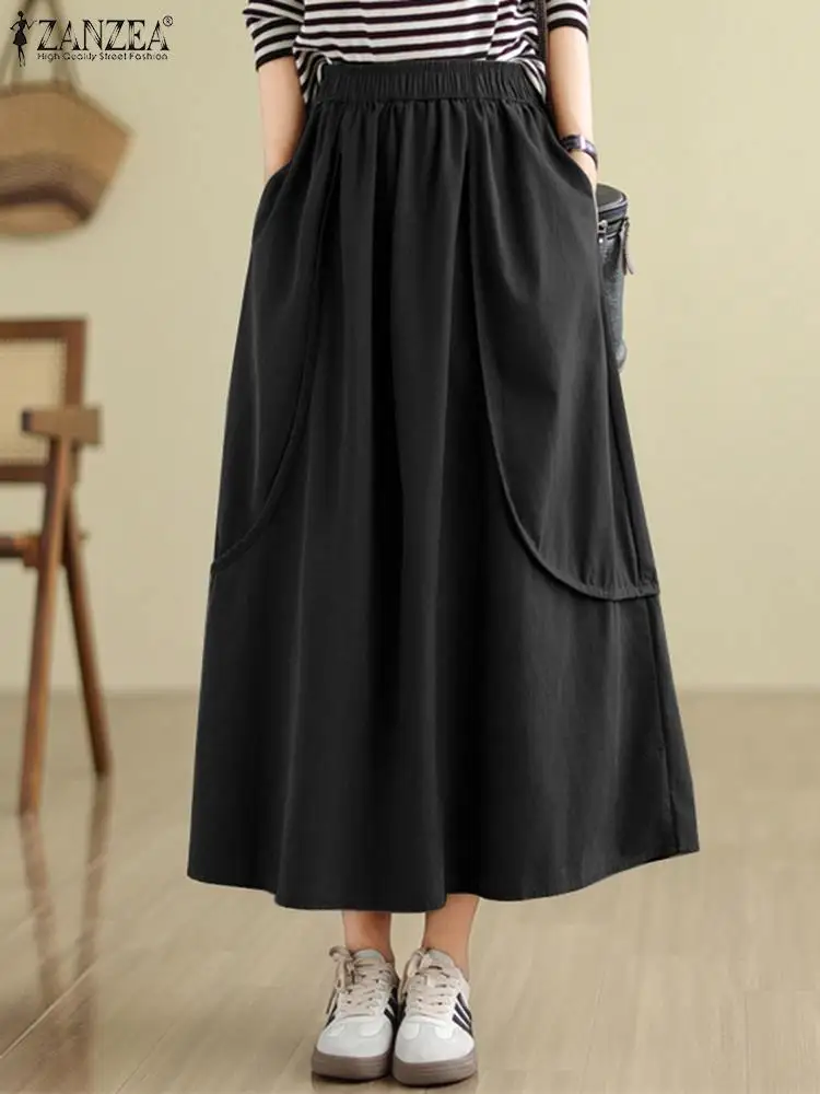 ZANZEA Women Long Skirt Vintage Umbrella Elastic Waist Maxi Skirts 2024 Fashion Pleated Jupes Casual Loose Pocket Holiday Faldas