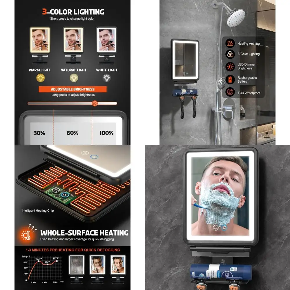 曇り止めシャワーミラー、3色調光ライト付き、充電式、カミソリホルダー＆収納トレイ付き