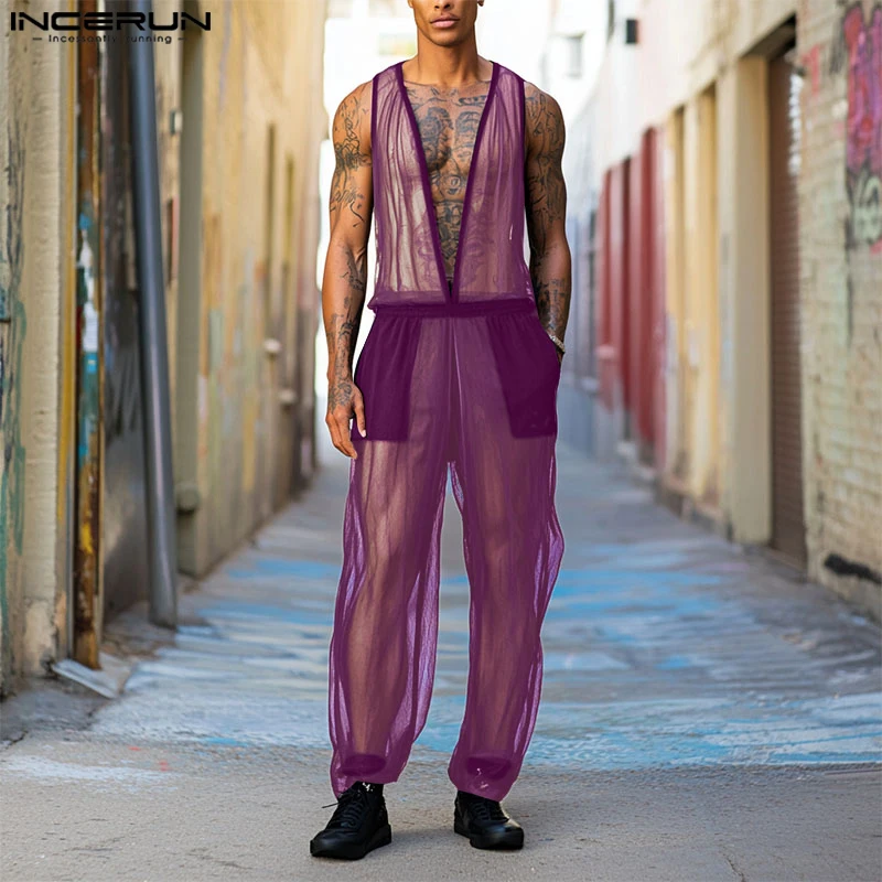 

INCERUN мужские комбинезоны в сетку в стиле пэчворк, прозрачные сексуальные комбинезоны без рукавов с глубоким v-образным вырезом, мужская уличная одежда, модные мужские комбинезоны 2025 года