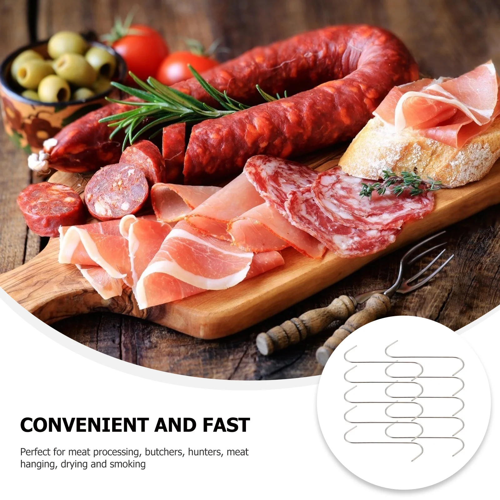 

10Pcs Chinese Bacon Hanging Hooks Stainless Steel Sausage Hanger for Kitchen Meat Fish Drying Smoking Meat Hooks