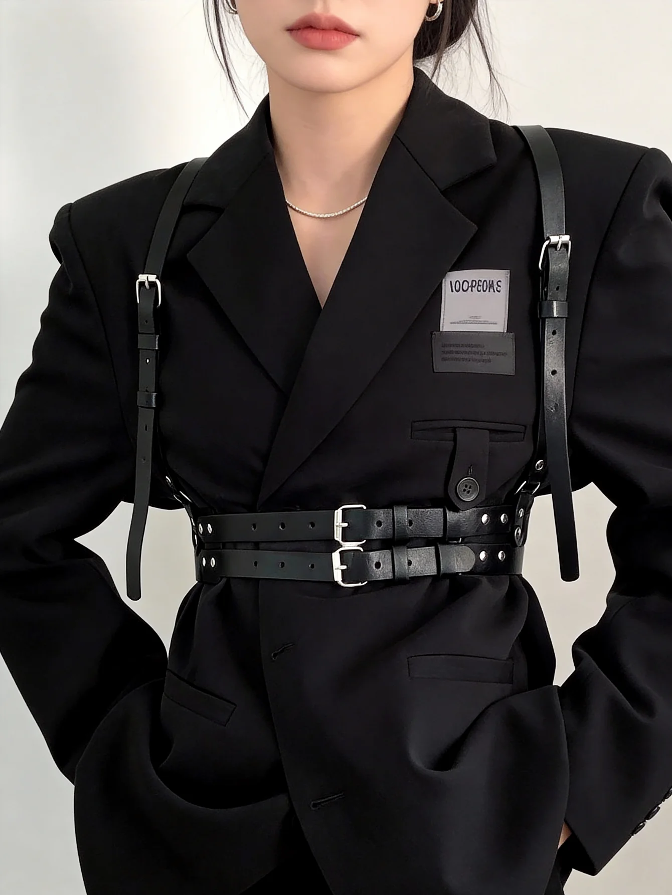 Women's Black Faux Leather Double-Layer Waist Harness with Shoulder Straps | Adjustable Punk Style Body Belt | Gothic Streetwear
