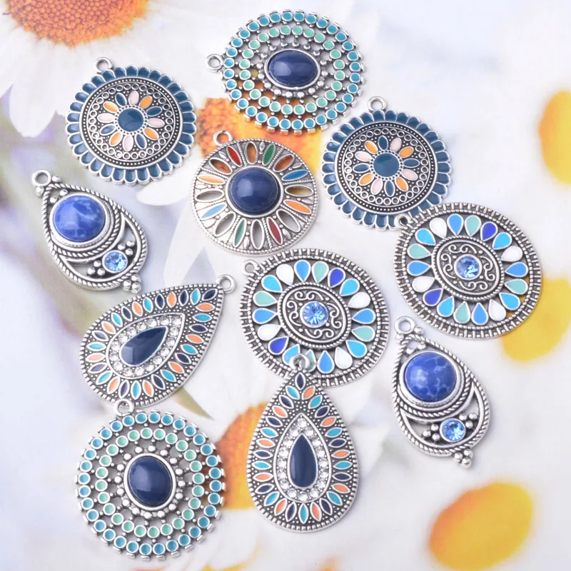 12 Stück/Set 18*36mm Legierung Antik Silberfarben Acryl Runde Marineblaue Anhänger Schmuckzubehör Emaillierter Anhänger – Detail 3