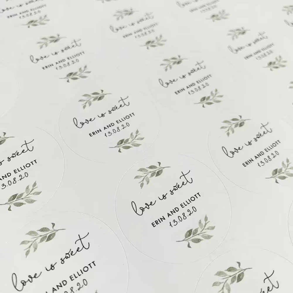 Love Is Sweet - Personalized Botanical Wedding Sweet Cart Favour Stickers , Modern Circle,Round Eucalyptus,Natural Leaf Wedding