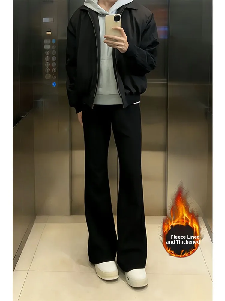 

Мужские джинсы American High Street Vibe с флисовой подкладкой, облегающие, с расклешенными штанинами, повседневные, черные, молодежные, модные, зимние брюки