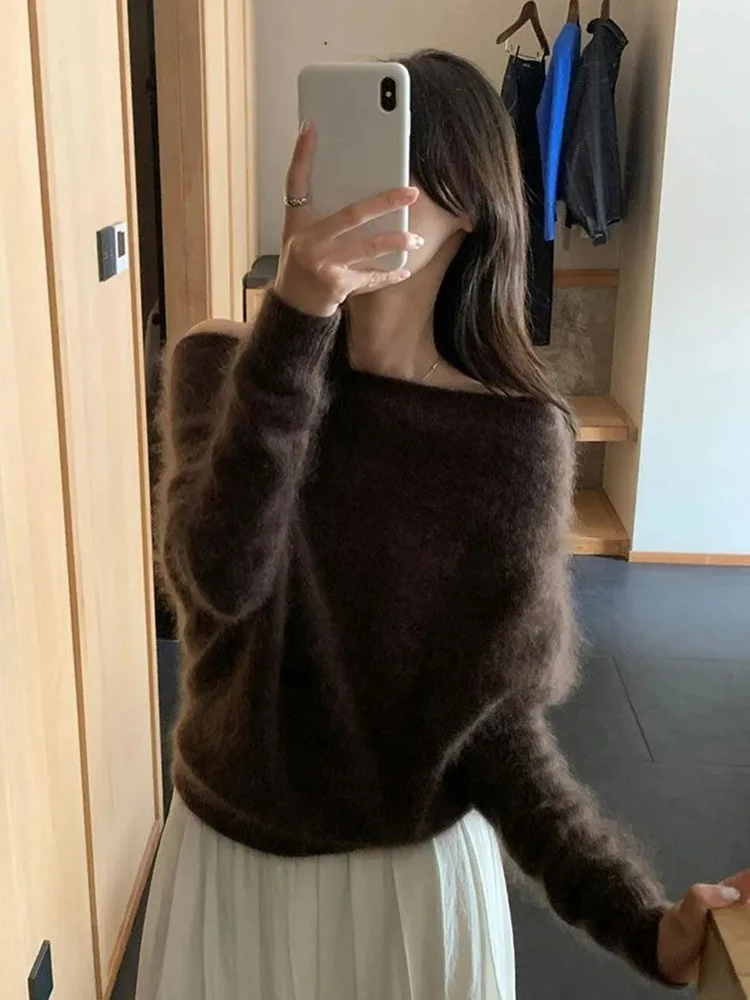

Vintage Hairy Crop Knit Sweater Women Slash Neck Off Shoulder Lazy Wind Pullovers Autumn Winter Long Sleeve Knitwear Jumpers New