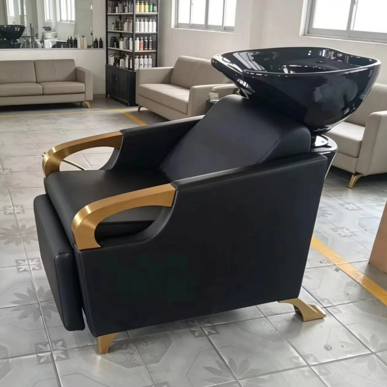 MY Beauty Salon Barber Shampoo Backwash Sink Station White Black Ceramic Tilting Sink Adjustable Seat Hair Washing Bed