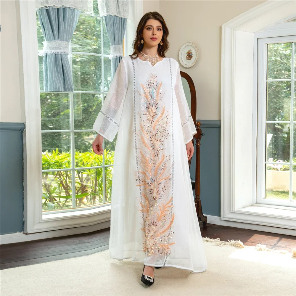 Eid Abayas Morocco Sequins Embroidered Mesh Abaya Women Muslim Long Dress Turkey Dubai Saudi Islam Arab Robe Jalabiya Party Gown