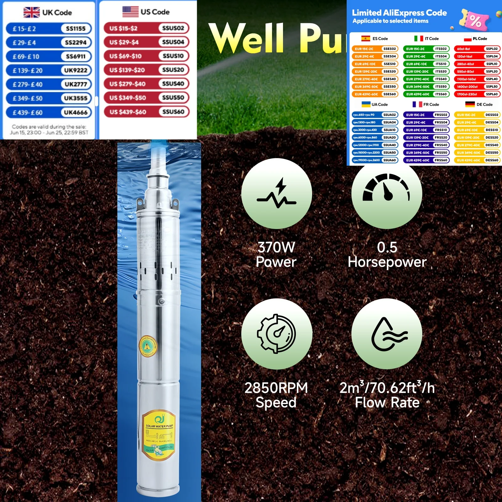 水中ポンプ省エネ太陽エネルギー深井戸ポンプ 370 ワット 24 V 65 メートルリフト最大流量 2M³/H 灌漑用