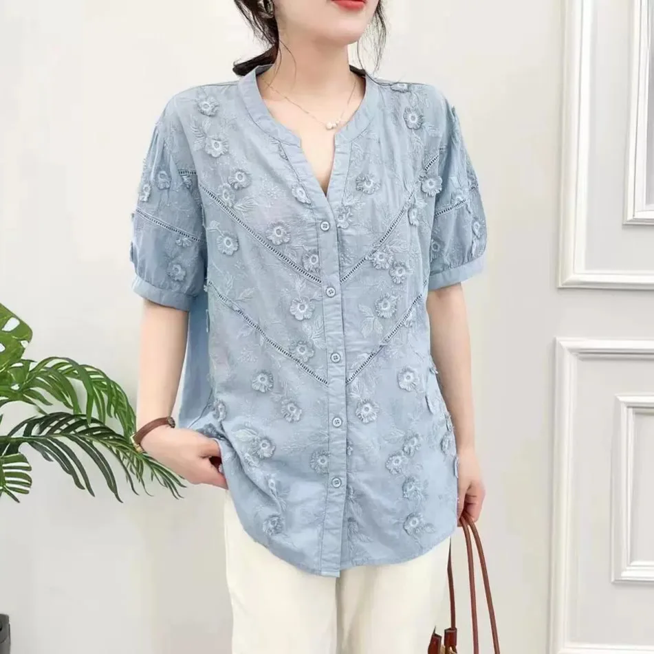 New Spring Cotton Shirts Embroidery Women Short Sleeve Floral Single Breasted Tops Girl Loose Blouses 2024 Summer T44375QM