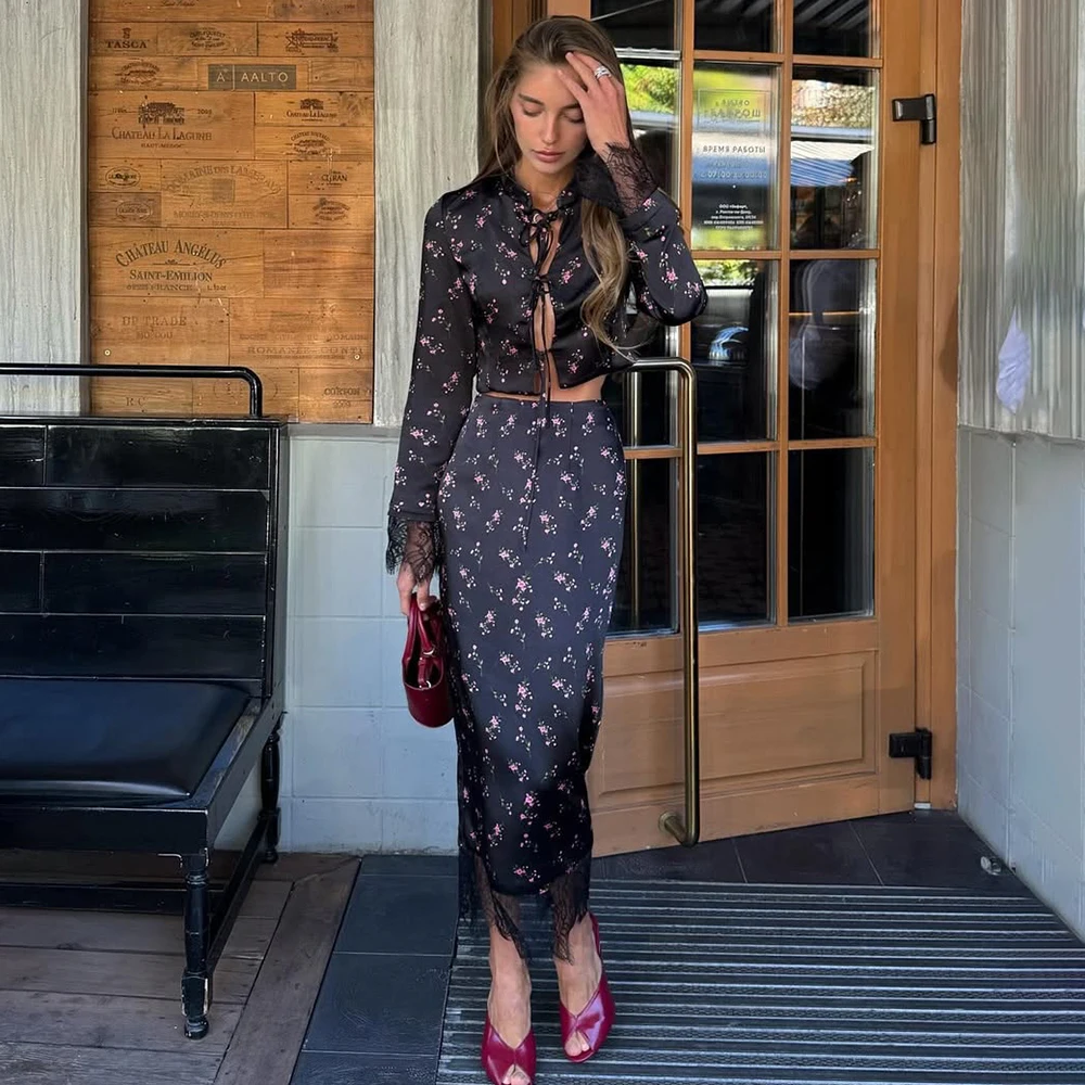 Conjunto de Vestido de 2 Piezas para Mujer, Blusa con Cordones y Estampado Vintage, Conjunto de Falda de Encaje, Nuevo Conjunto de Vestido Elegante para Fiesta y Noche