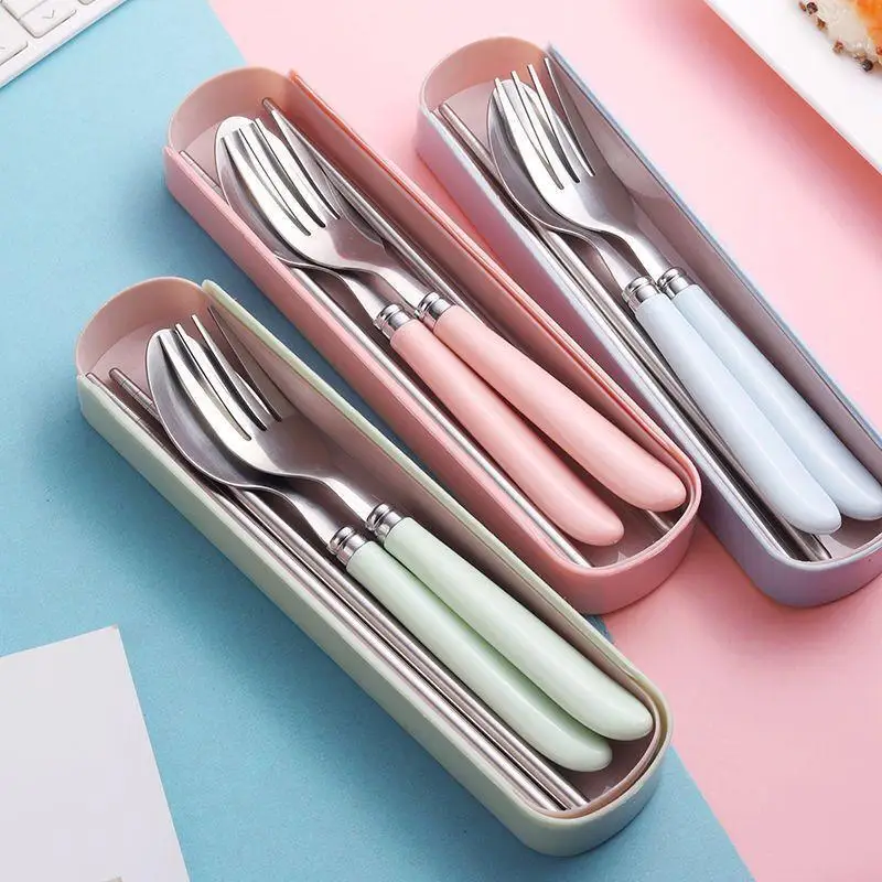 Stainless Steel Portable Student Tableware Outdoor Travel Lunch Box Spoon Fork Chopsticks Set With Storage Case Adult Gift