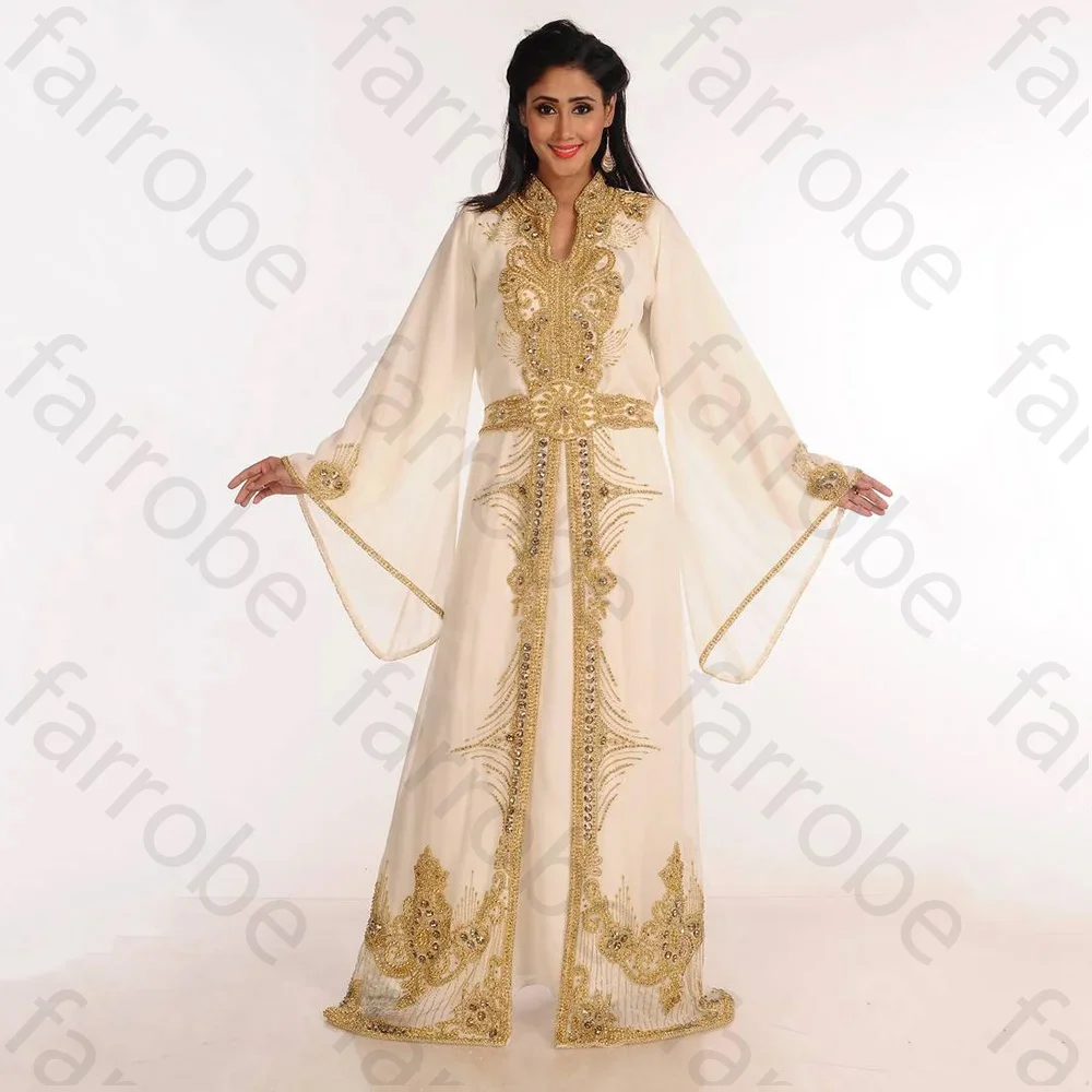 Customized Latest Luxury Golden Evening Dresses Morocco Long Sleeves Prom Party Gowns High Neck Crystal Beading Wedding Gowns