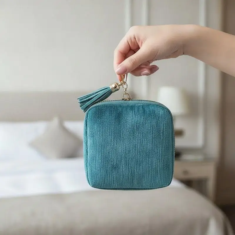 

Soft Velvet Jewelry Pouch Multiple Inner Compartments Smooth Tassel Zipper Portable Organizer for Women Business Travel