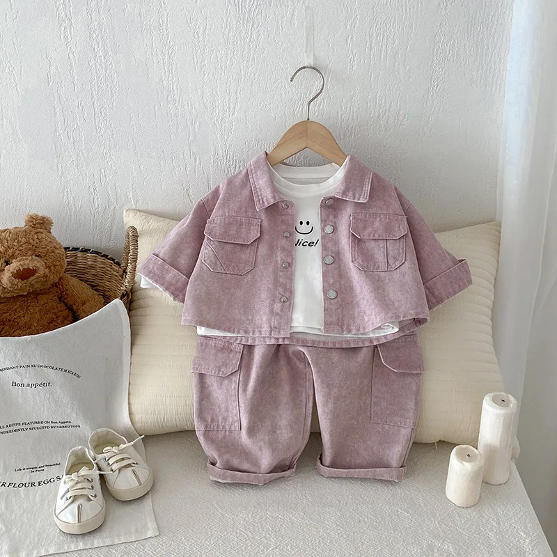 

Autumn Infant Baby Boys 2piece Set Turn Down Collar Newborn Boys Top Kid Boy Wide Leg Overalls Smile Face Toddler Boys Shirt