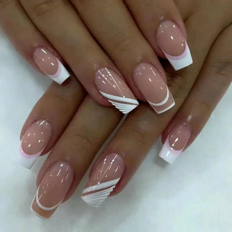 24 pièces fini presse sur ongles blanc français Ballet faux ongles détachable strass Starlight mi-longue cercueil faux ongles conseils