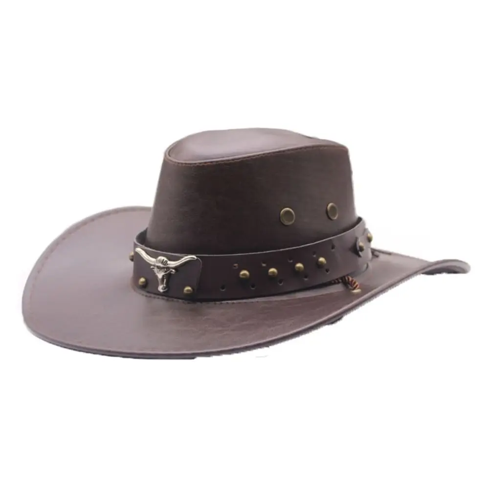 

PU Leather Western Cowboy Hat Big Brim Drawstring Fisherman Hat Outdoor Travel Hat Sun Protection Summer Sun Hat Female/Male