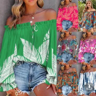 2026 Amazon popular new spring one-word collar horn sleeve long sleeve lace-up shirt women's clothing