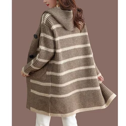 Fashion Hooded Button Spliced Pockets Striped Cardigan Sweaters Women's Clothing 2025 Spring New Loose Knitted Commute Tops