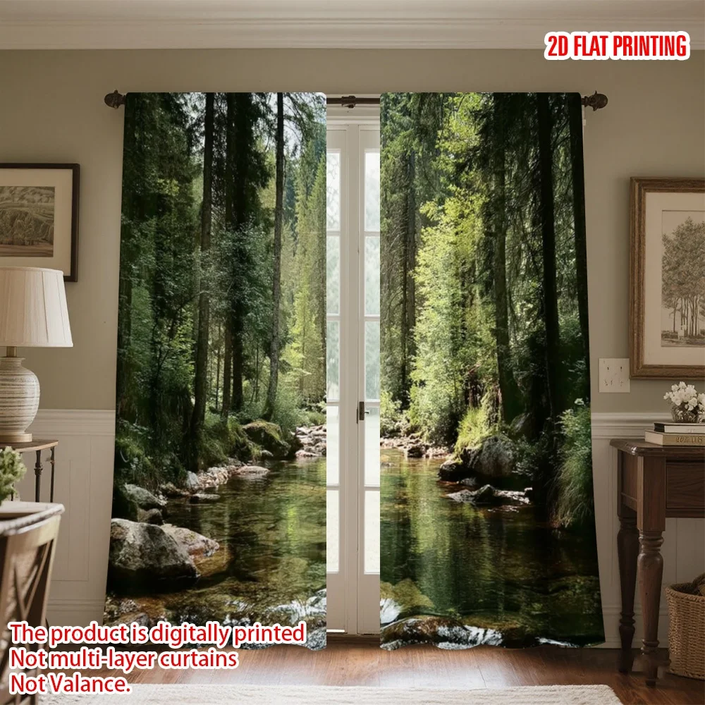 2pcs 2D flat printing Curtains High density forest streams Digital Printed Polyester Drapes Family Party for Holiday