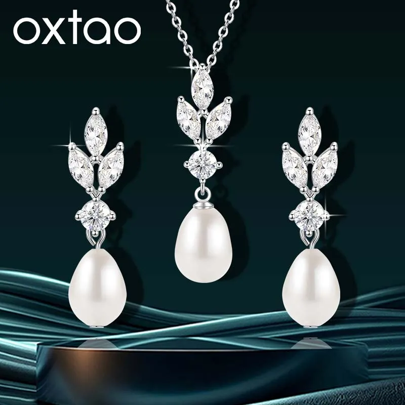 OXTAO Wedding Pearl Jewelry Set Necklace& Earring for Women 14K Gold Filled Moissanite&CZ Lab Imitation Diamond Drop Necklaces