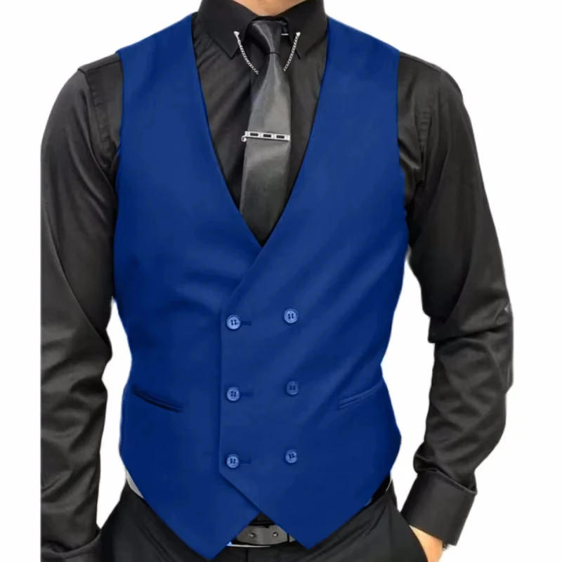 Lansboter Black Men Vest Solid With Double Breasted Waistcoat For Business Wedding Banqurt Tuxedo Men Suit Waist Coat