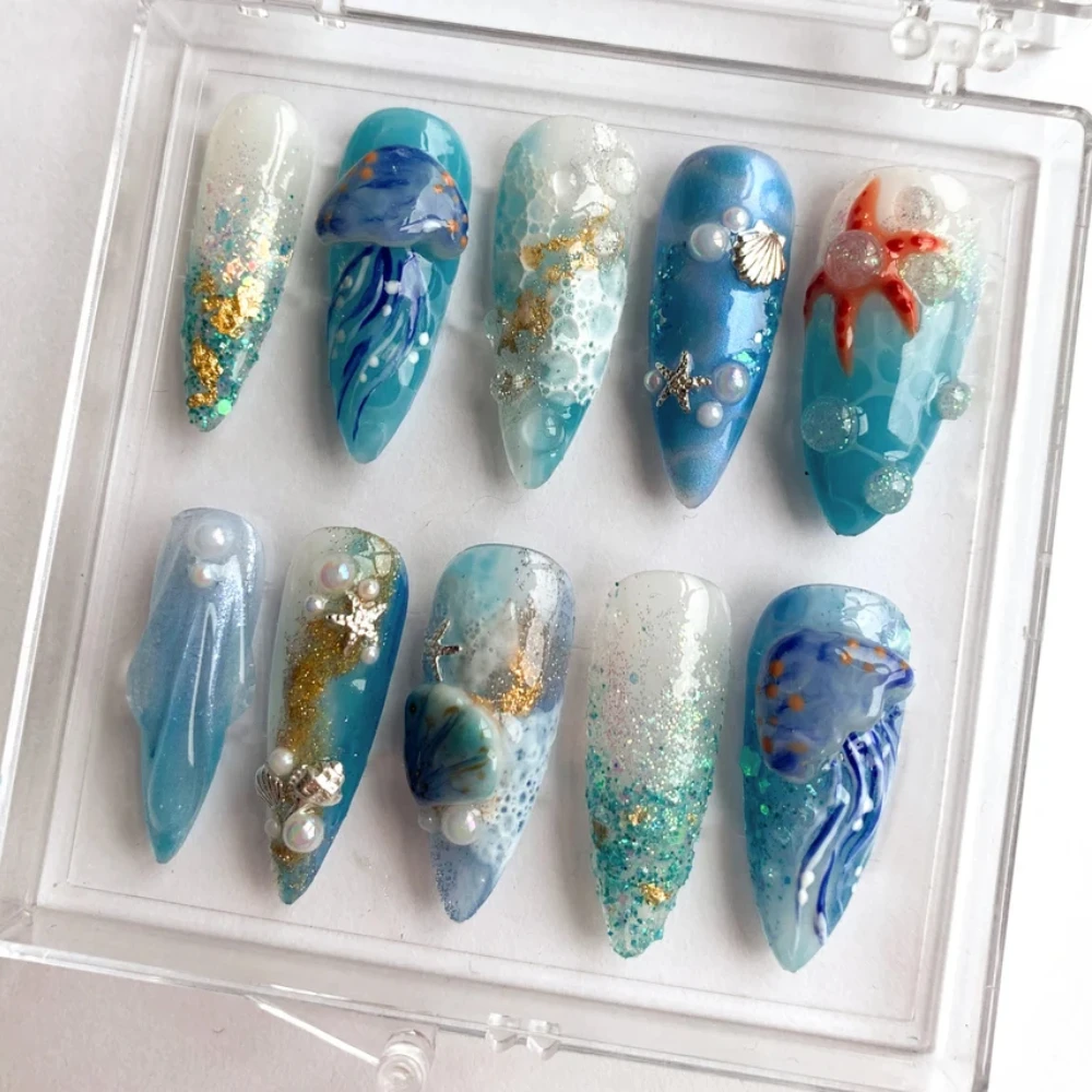 10Pcs Handmade Press On Nails 2024 New Nials Unique Painting Octopus 3D Long Almond Fake Nails Design Art DIY Nails with Set